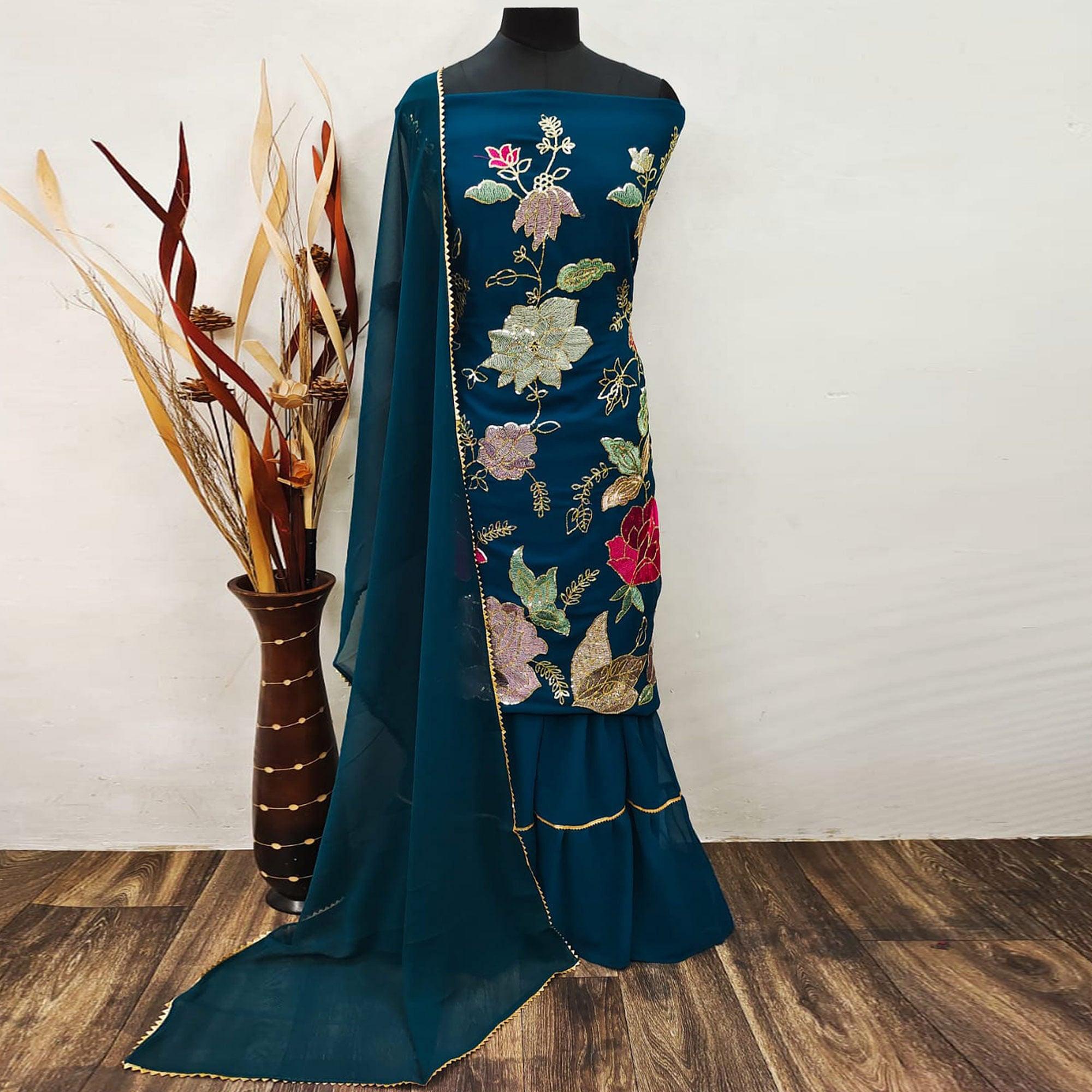 Blue Festive Wear Floral Embroidered Georgette Sharara Suit - Peachmode