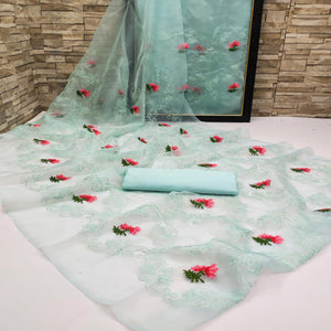 Blue Festive Wear Floral Embroidered Organza Saree - Peachmode