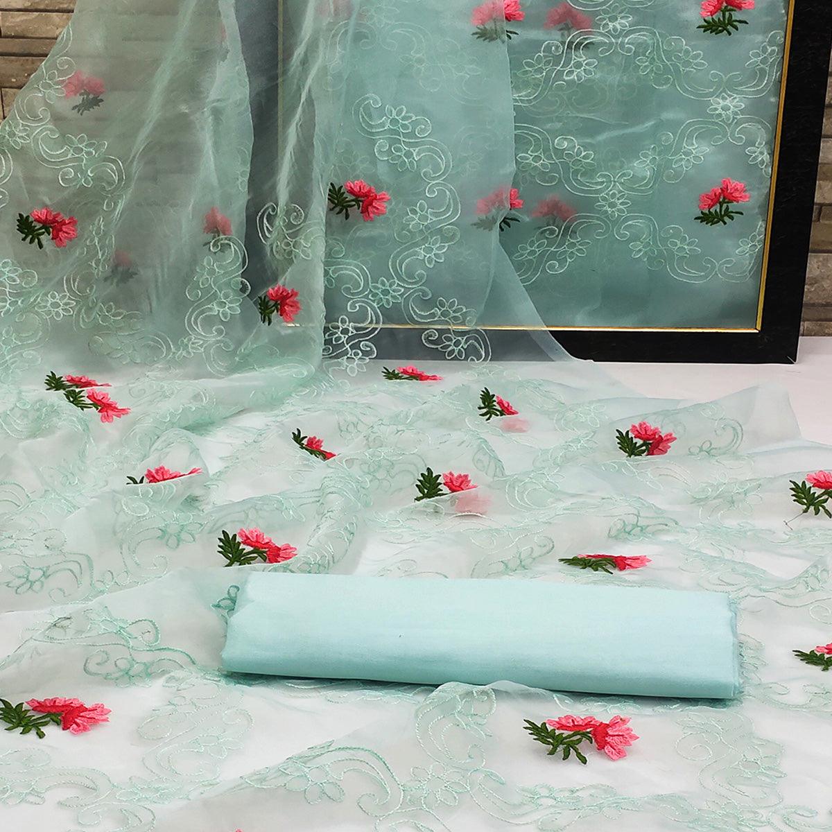 Blue Festive Wear Floral Embroidered Organza Saree - Peachmode