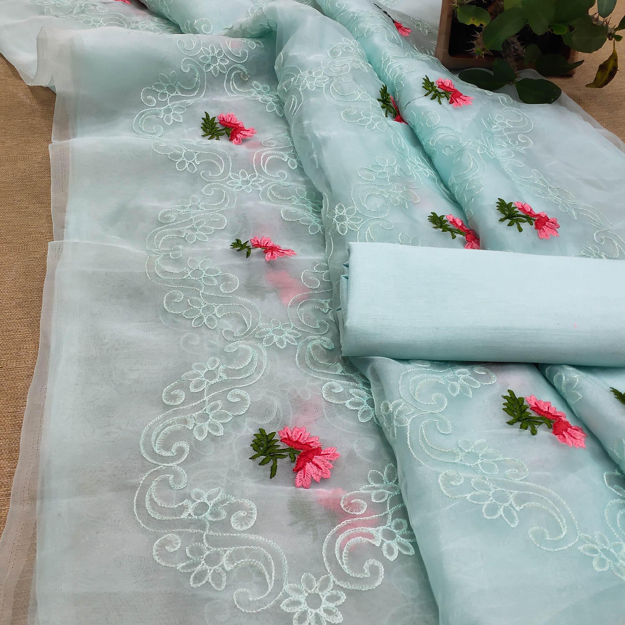 Blue Festive Wear Floral Embroidered Organza Saree - Peachmode