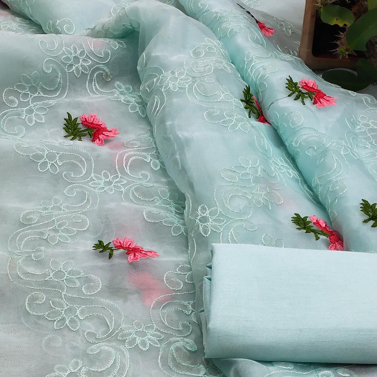 Blue Festive Wear Floral Embroidered Organza Saree - Peachmode