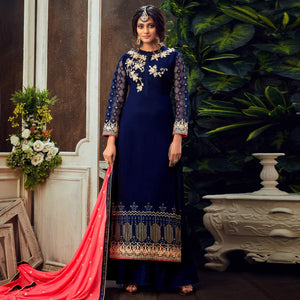 Blue Festive Wear Floral Embroidered Pure Georgette Suit - Peachmode