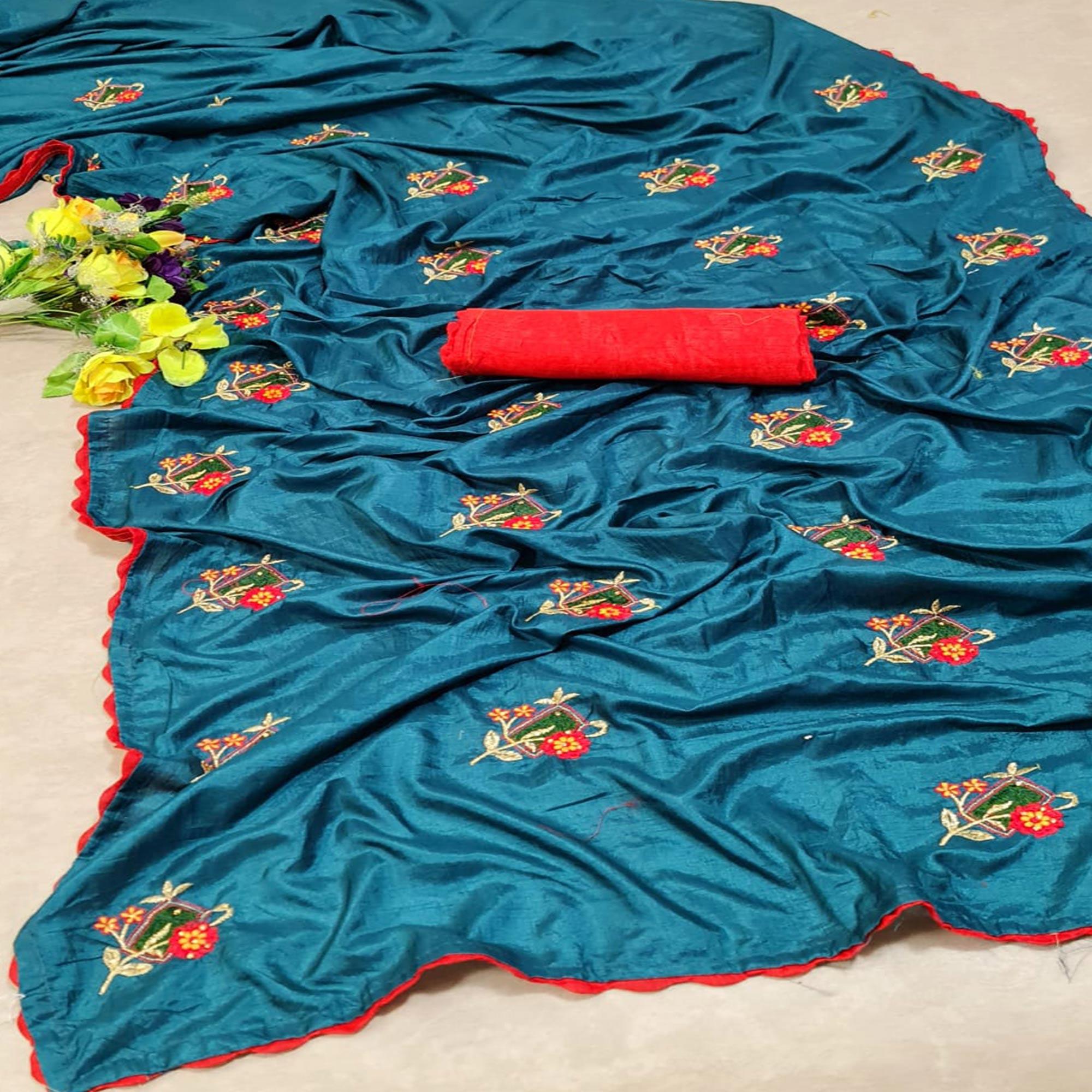 Blue Festive Wear Floral Embroidered With Diamond Dola Silk Saree - Peachmode