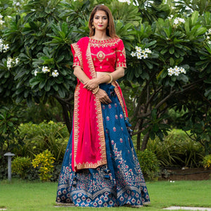 Blue Festive Wear Floral Embroidery With Woven Silk Lehenga Choli - Peachmode