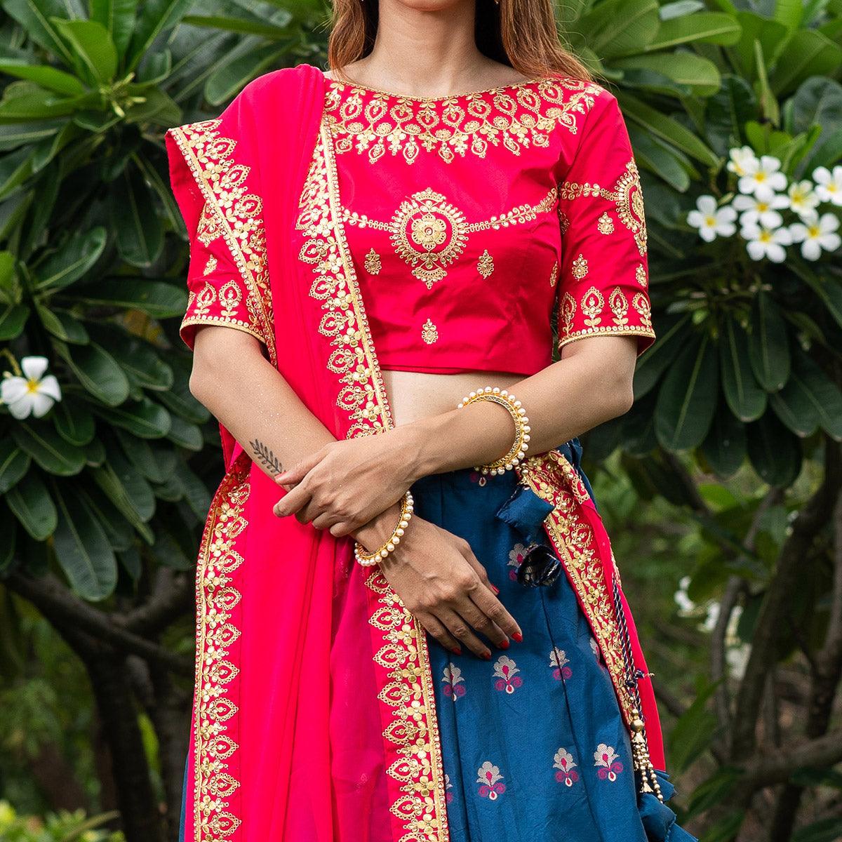 Blue Festive Wear Floral Embroidery With Woven Silk Lehenga Choli - Peachmode