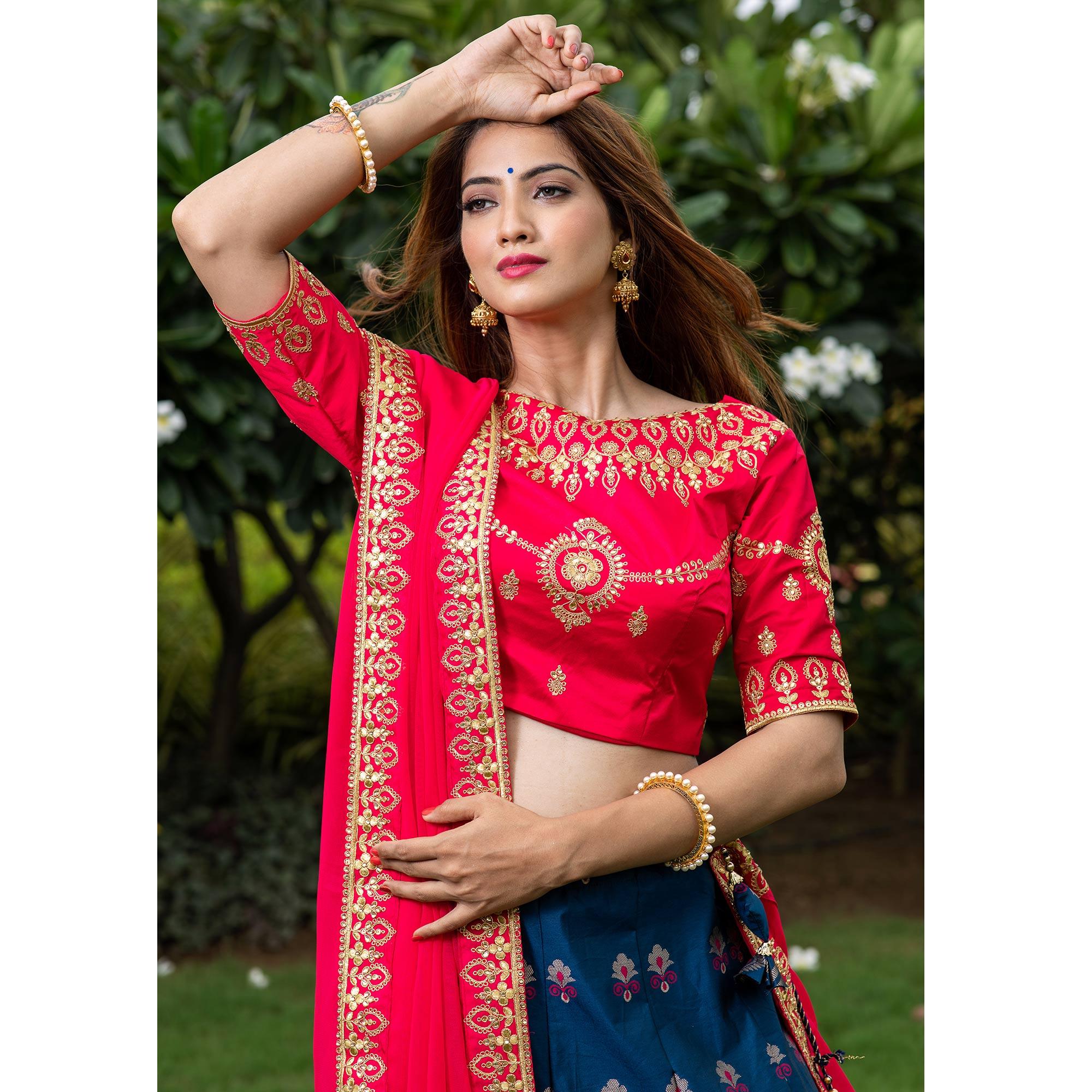 Blue Festive Wear Floral Embroidery With Woven Silk Lehenga Choli - Peachmode