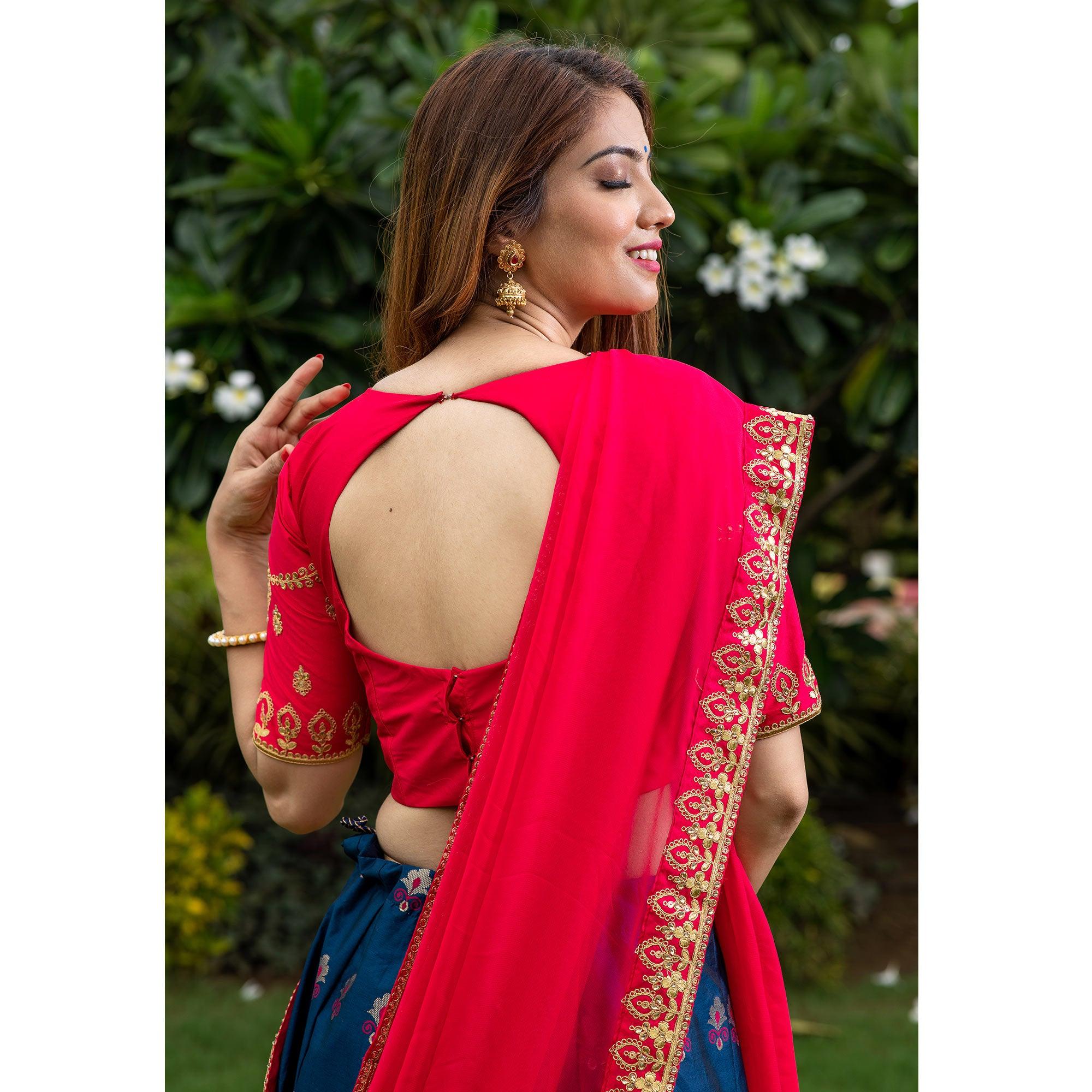 Blue Festive Wear Floral Embroidery With Woven Silk Lehenga Choli - Peachmode