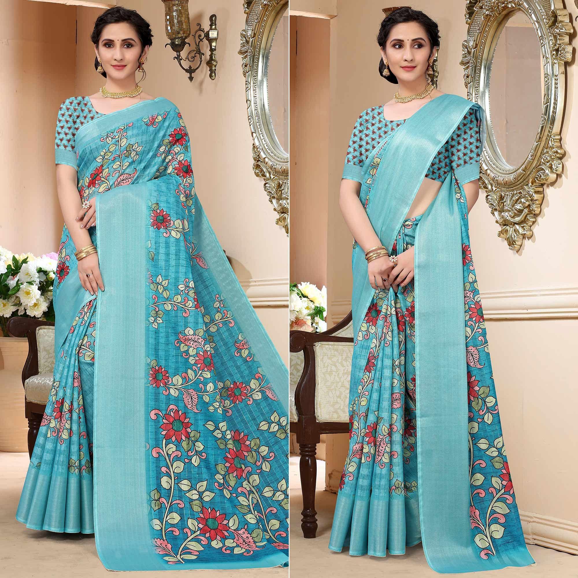 Blue Festive Wear Floral Printed Art Silk Saree - Peachmode