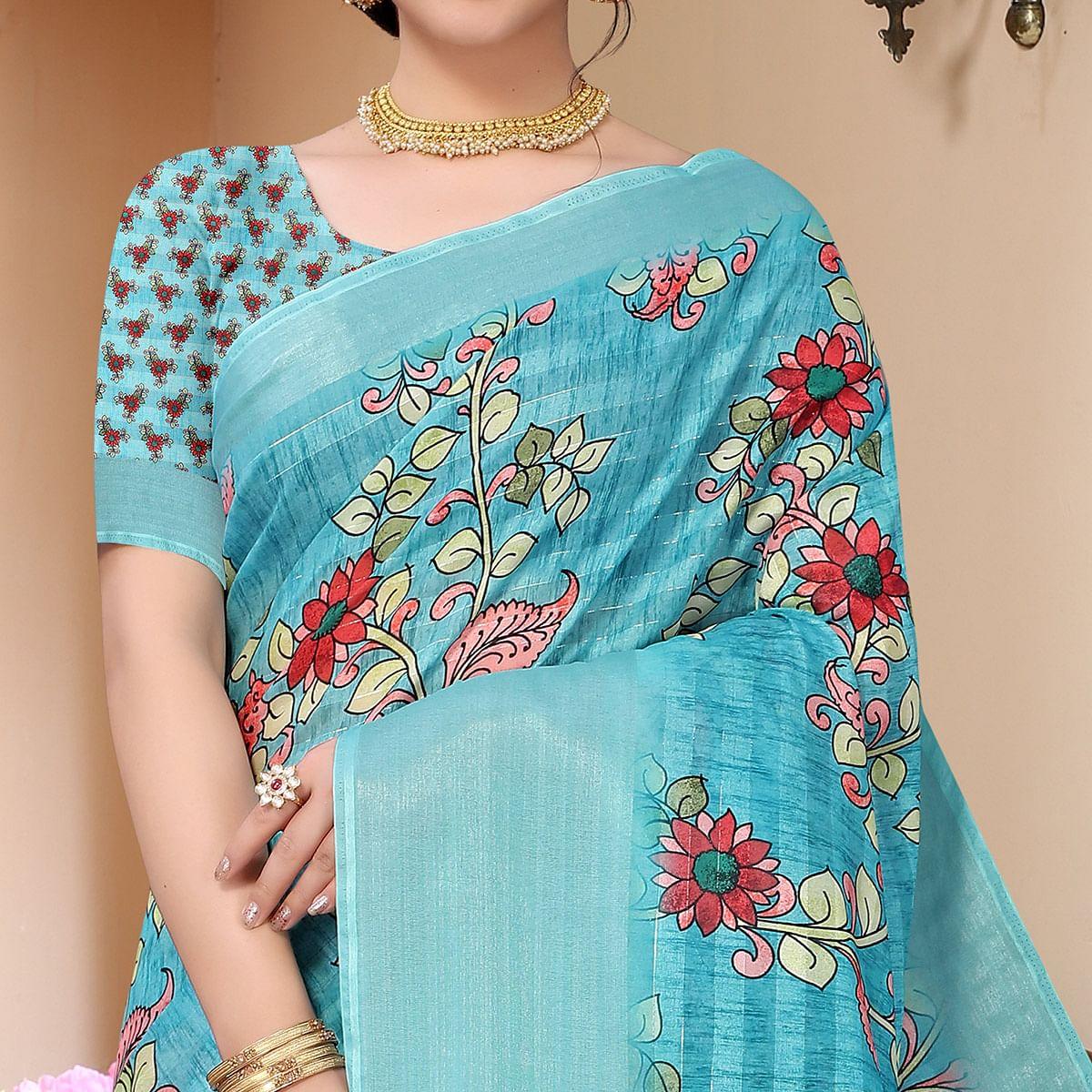 Blue Festive Wear Floral Printed Art Silk Saree - Peachmode