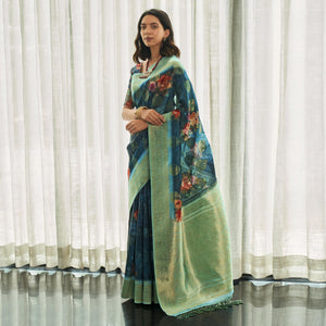 Blue Festive Wear Floral Printed Silk Saree With Woven Border - Peachmode