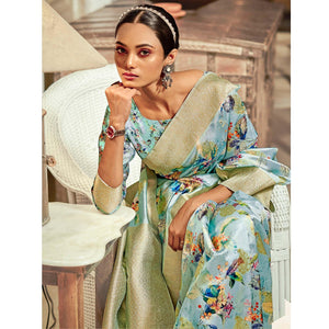 Blue Festive Wear Floral Printed With Woven With Woven Jacquard Saree - Peachmode