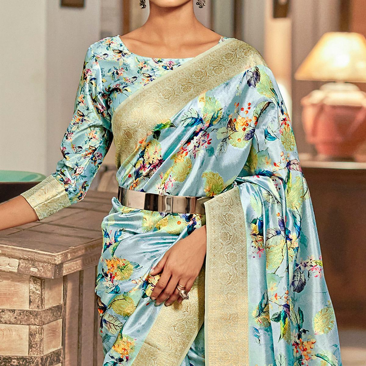 Blue Festive Wear Floral Printed With Woven With Woven Jacquard Saree - Peachmode