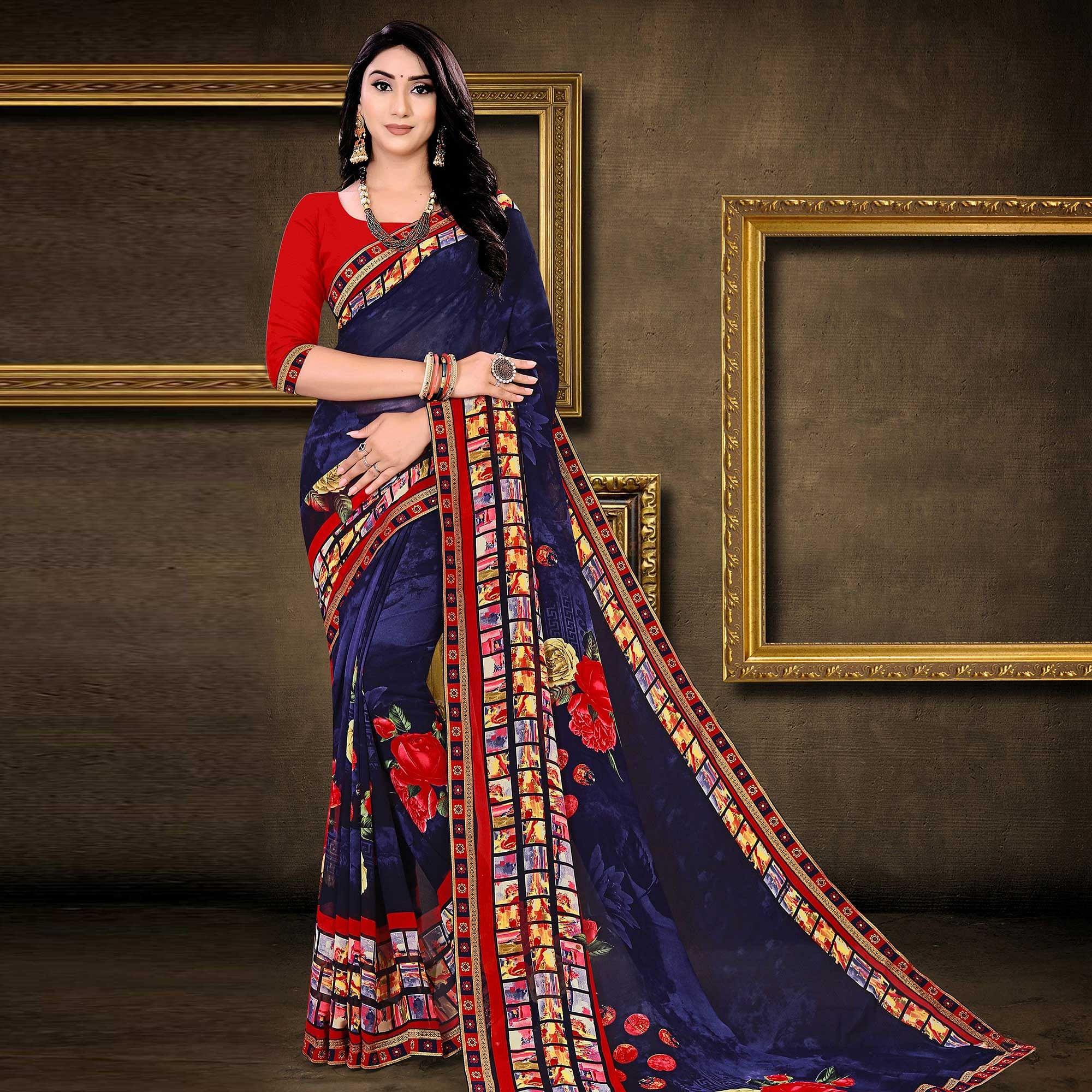 Blue Festive Wear Floral Printed  Work Georgette Designer Saree - Peachmode