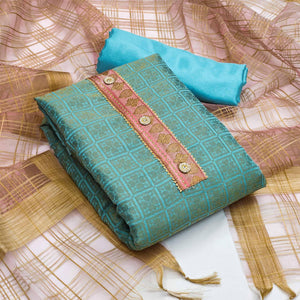 Blue Festive Wear Floral Woven Banarasi Silk Jacquard Dress Material - Peachmode