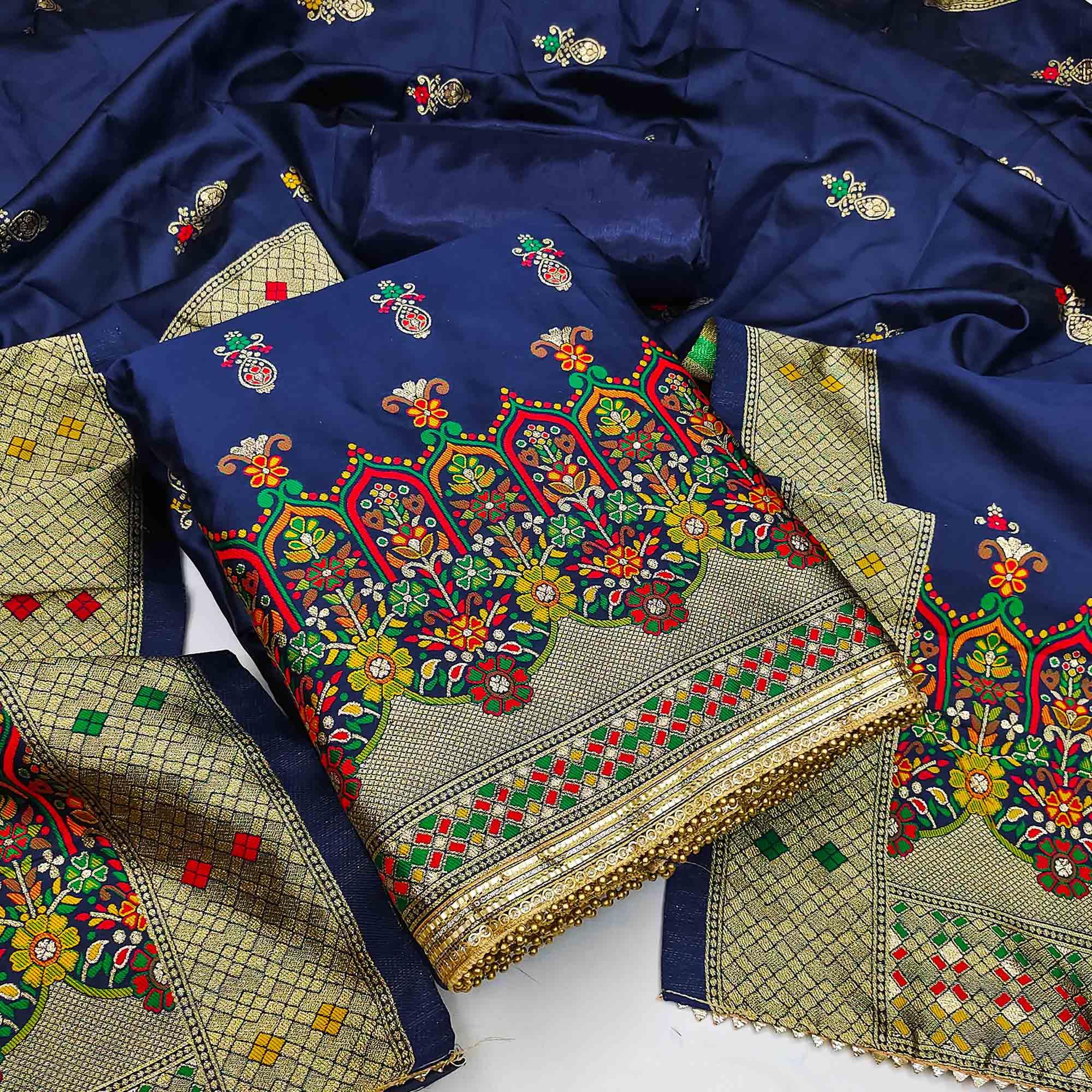 Blue Festive Wear Floral Woven Banarasi Silk Jacquard Dress Material - Peachmode