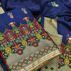 Blue Festive Wear Floral Woven Banarasi Silk Jacquard Dress Material - Peachmode