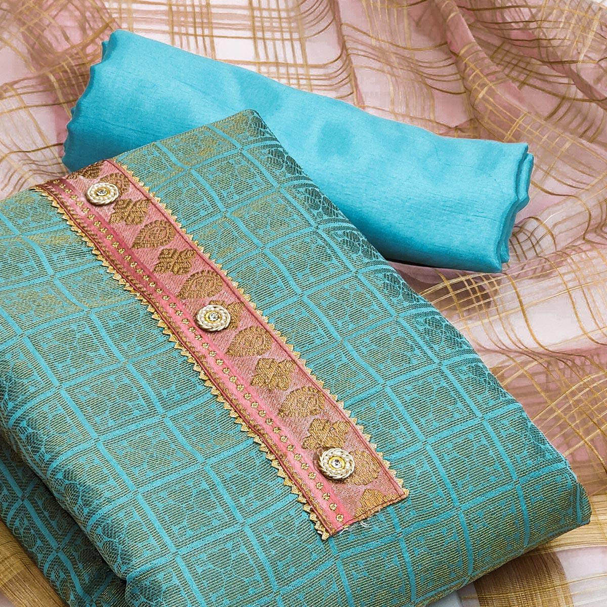 Blue Festive Wear Floral Woven Banarasi Silk Jacquard Dress Material - Peachmode