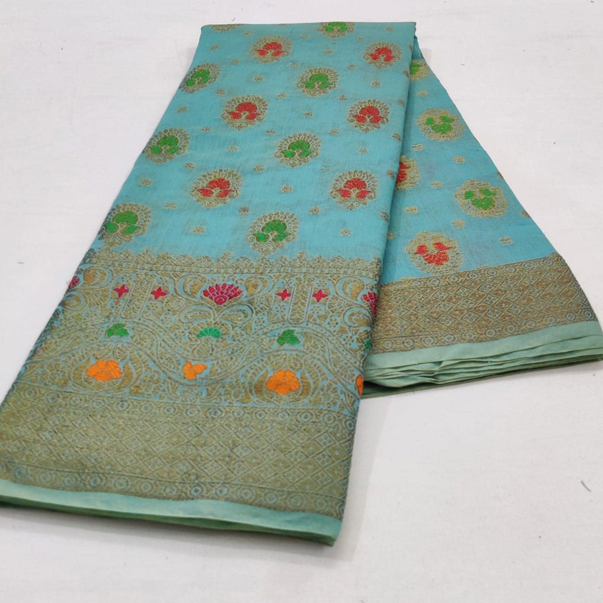 Blue Festive Wear Floral Woven Cotton Saree With Meena Butta Pallu - Peachmode