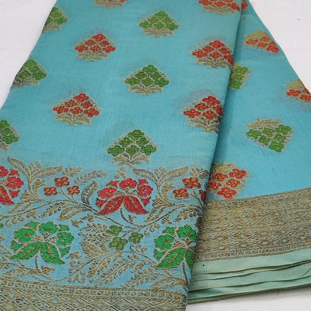 Blue Festive Wear Floral Woven Cotton Saree With Meena Butta Pallu - Peachmode