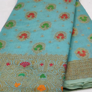 Blue Festive Wear Floral Woven Cotton Saree With Meena Butta Pallu - Peachmode