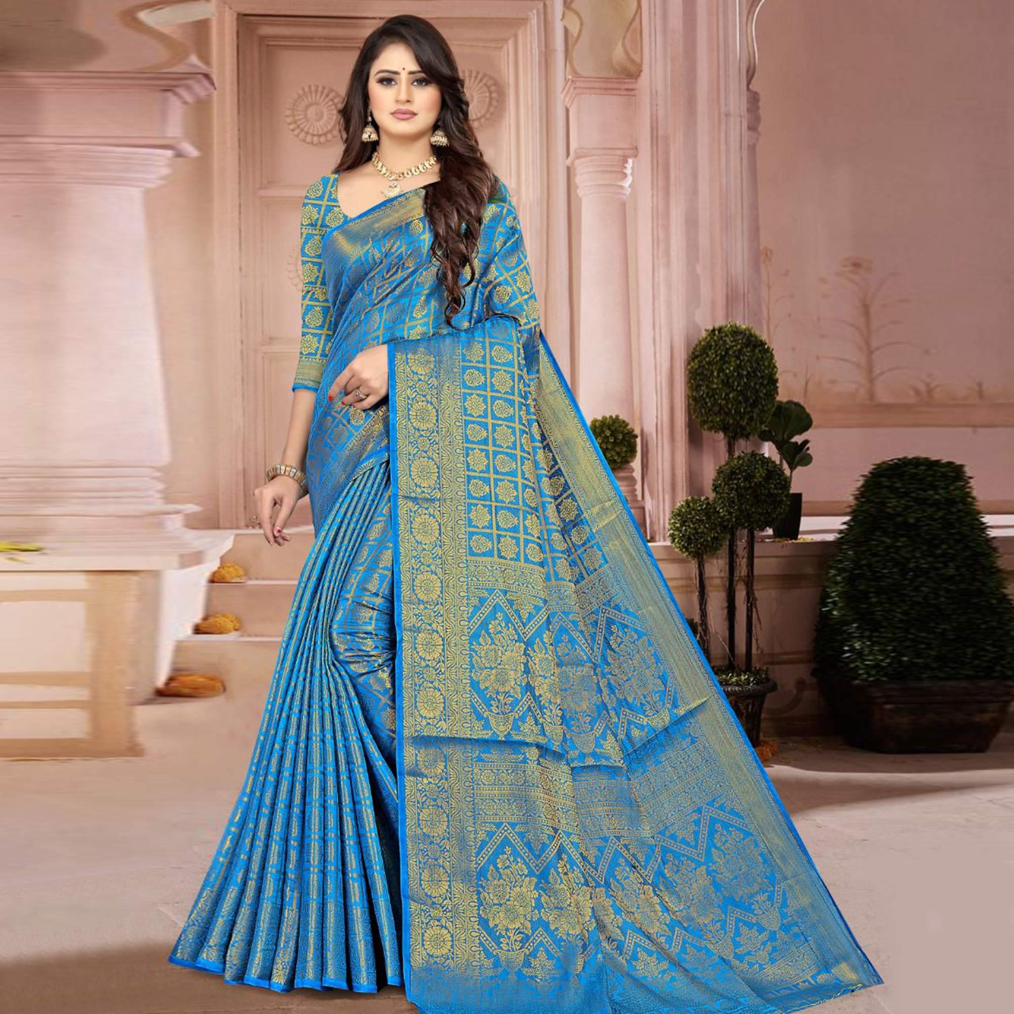 Blue Festive Wear Floral Woven Kanjeevaram Silk Saree - Peachmode