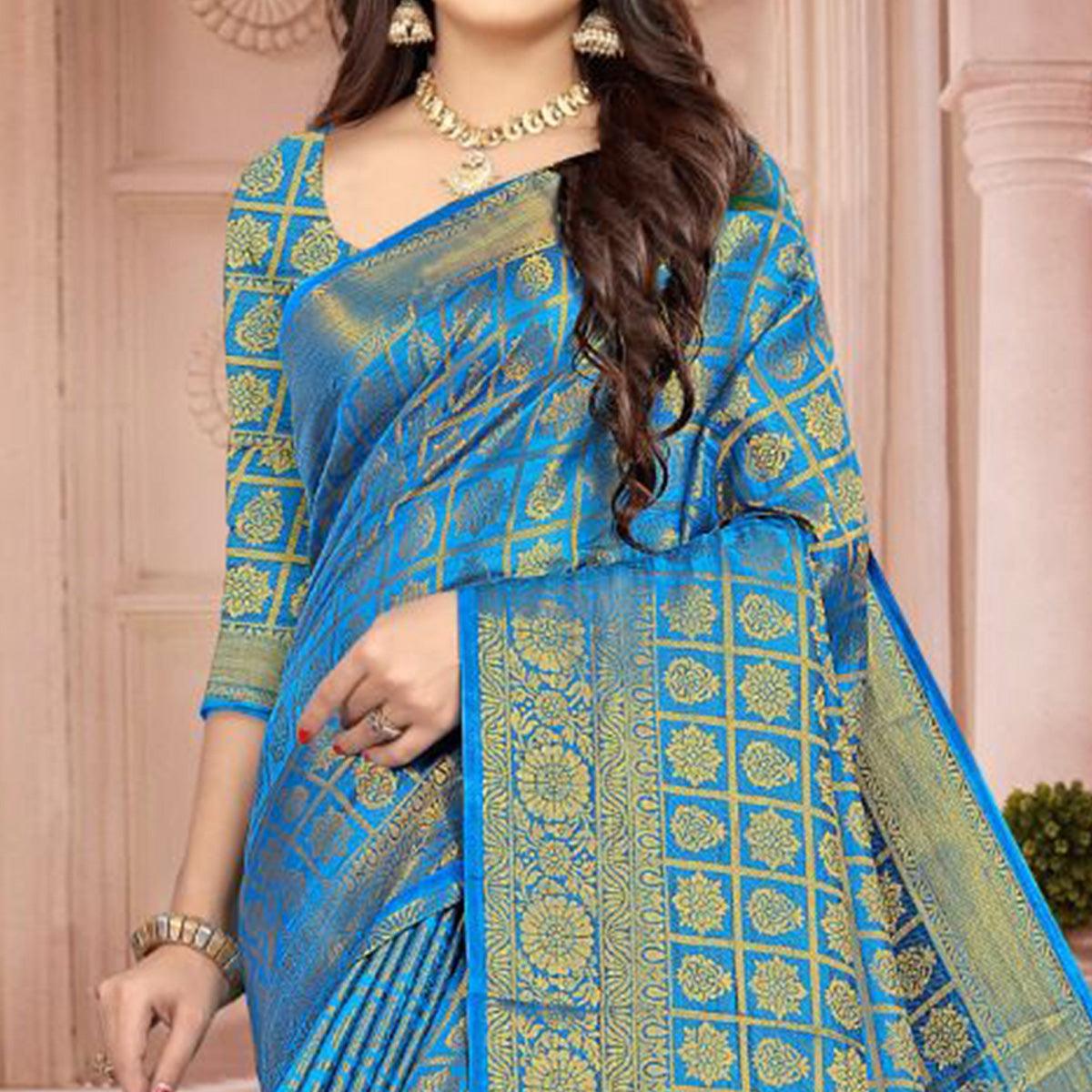 Blue Festive Wear Floral Woven Kanjeevaram Silk Saree - Peachmode