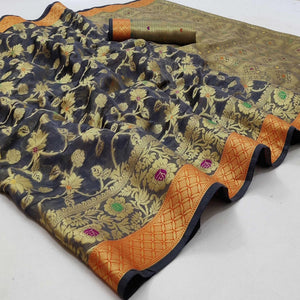 Blue Festive Wear Floral Woven Organza Saree - Peachmode