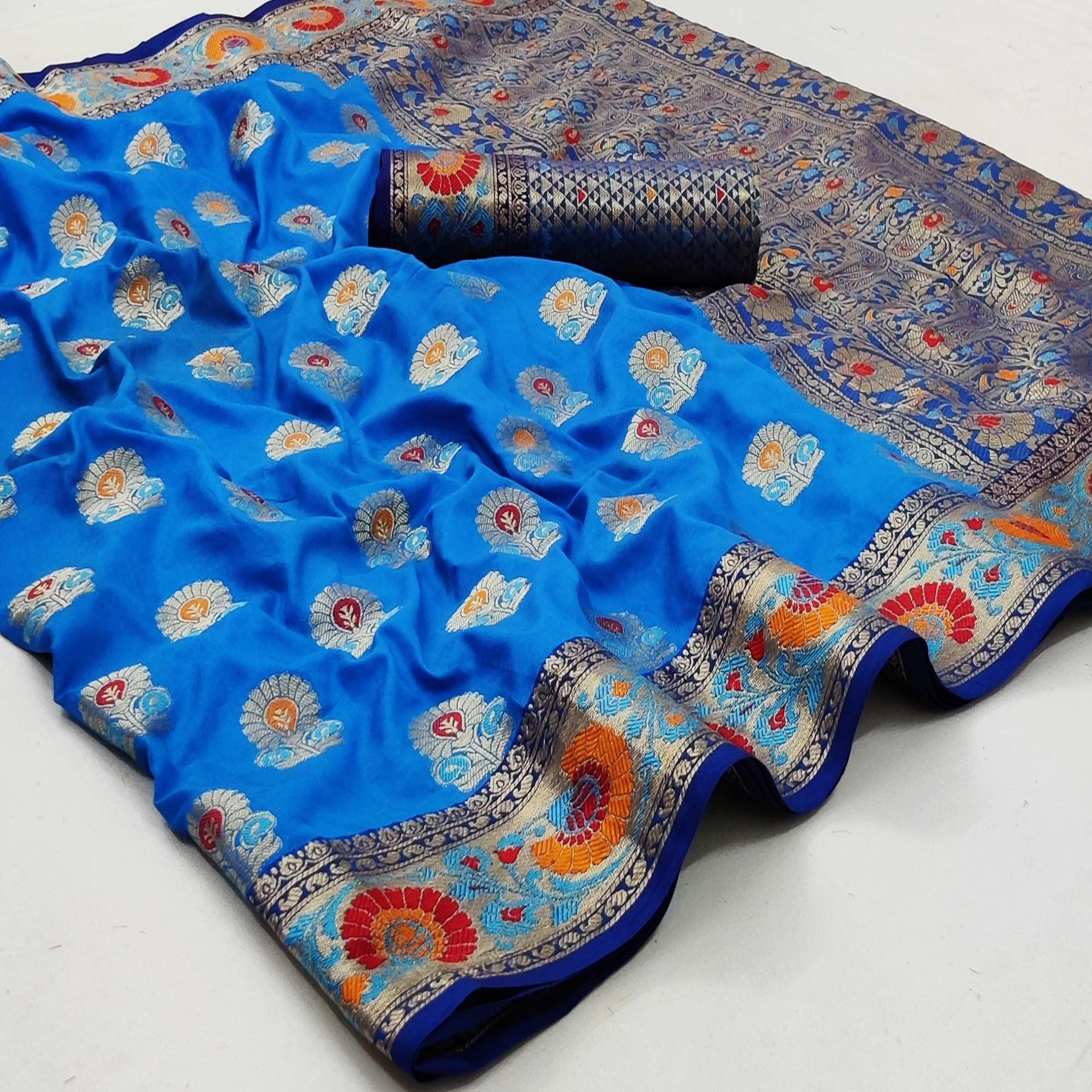 Blue Festive Wear Floral Woven Soft Silk Saree - Peachmode