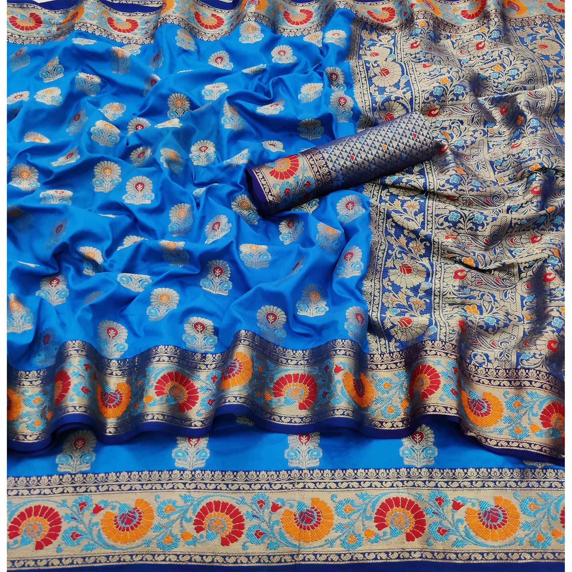 Blue Festive Wear Floral Woven Soft Silk Saree - Peachmode