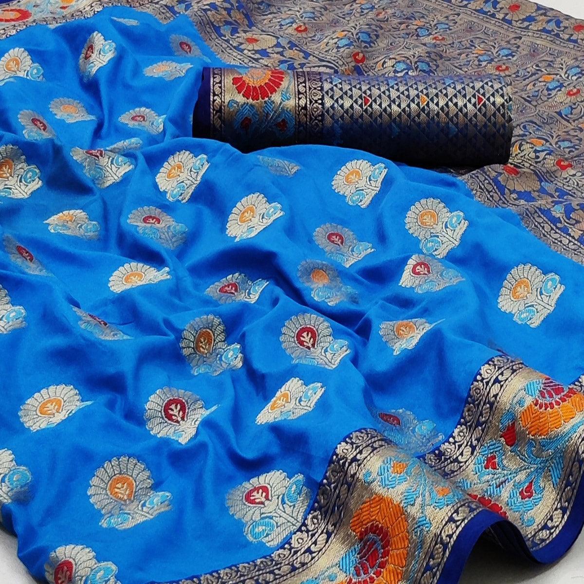 Blue Festive Wear Floral Woven Soft Silk Saree - Peachmode