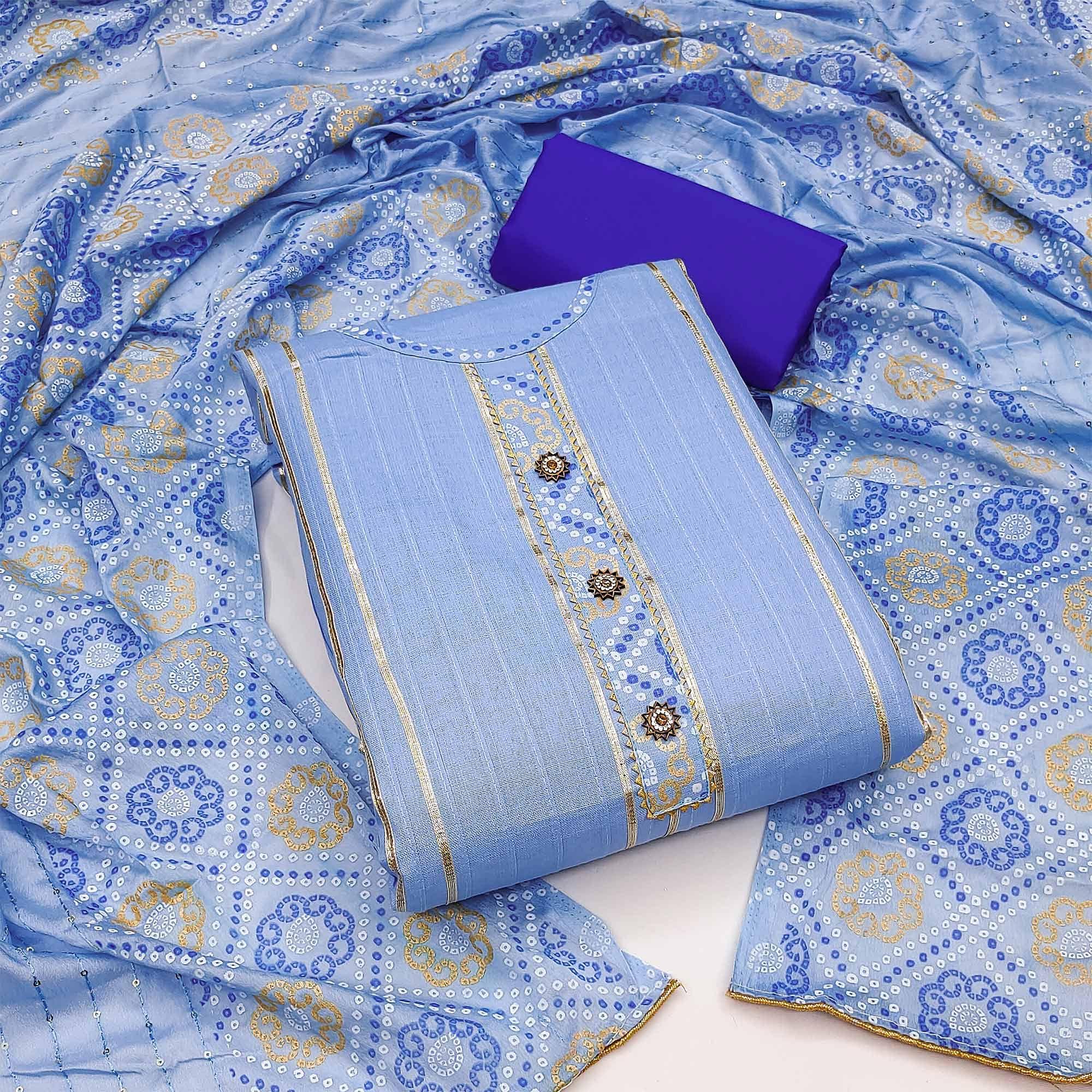 Blue Festive Wear Gotta Patti With Bandhani Printed Cotton Dress Material - Peachmode