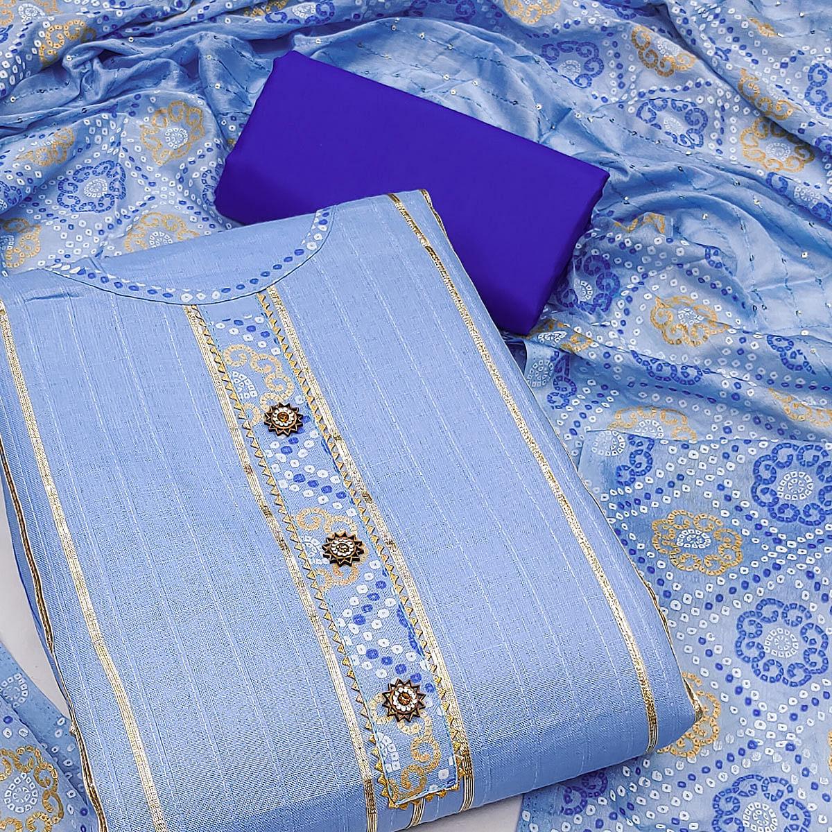 Blue Festive Wear Gotta Patti With Bandhani Printed Cotton Dress Material - Peachmode