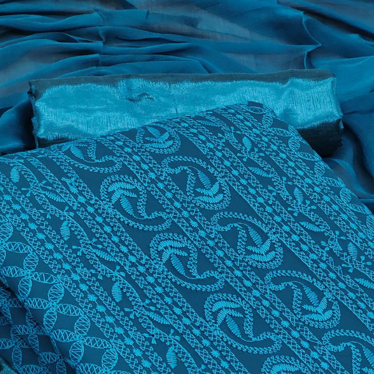 Blue Festive Wear Heavy Embroidered Georgette Dress Material - Peachmode