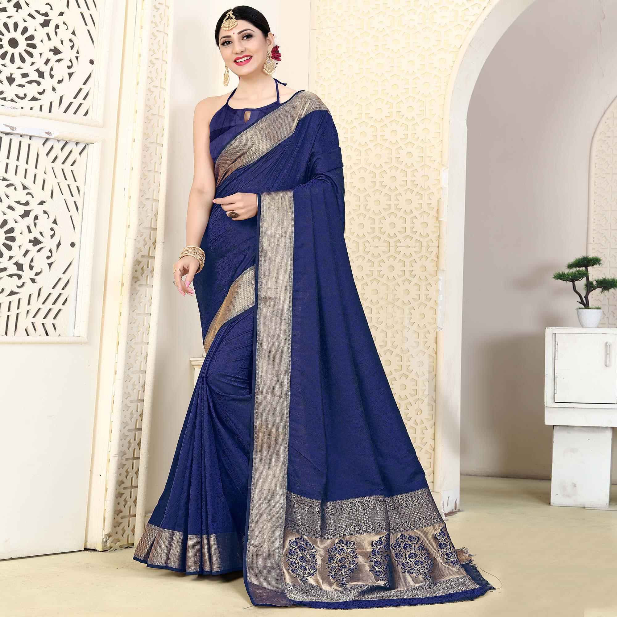 Blue Festive Wear Jacquard Border Soft Silk Saree - Peachmode