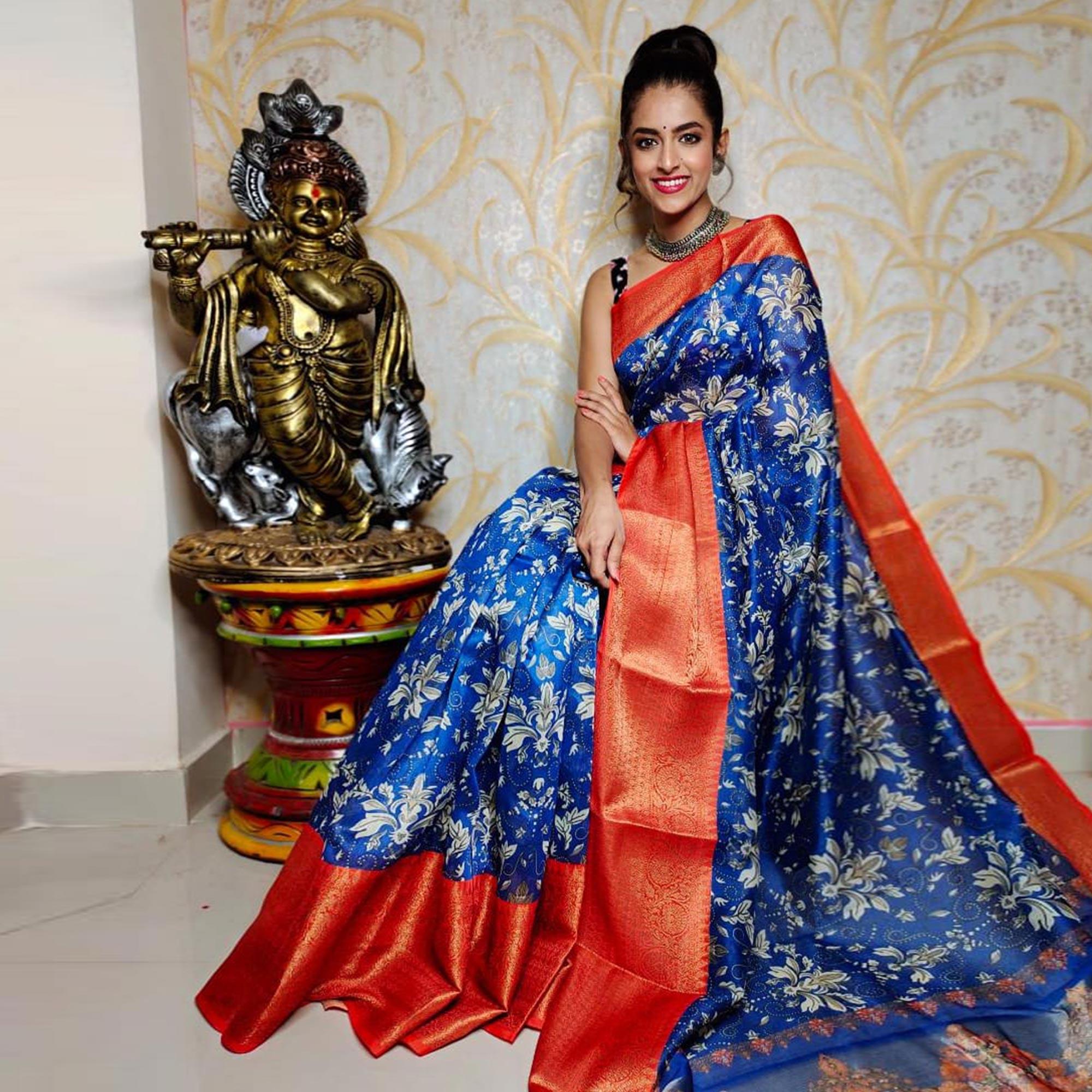 Blue Festive Wear Kalamkari Printed Chanderi Silk Saree With Zari Weaving Border - Peachmode