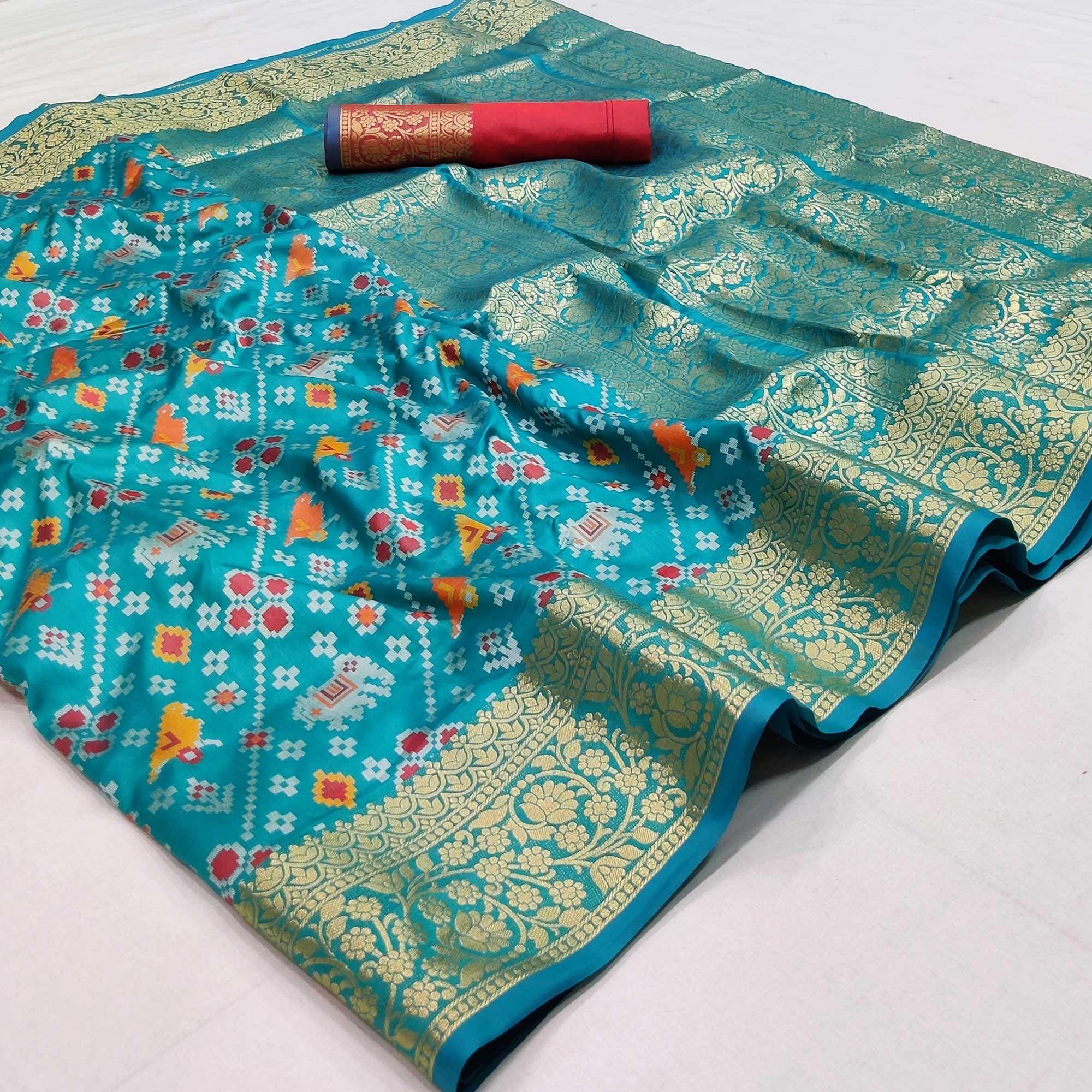 Blue Festive Wear Patola Printed Art Silk Saree - Peachmode