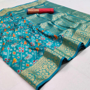 Blue Festive Wear Patola Printed Art Silk Saree - Peachmode