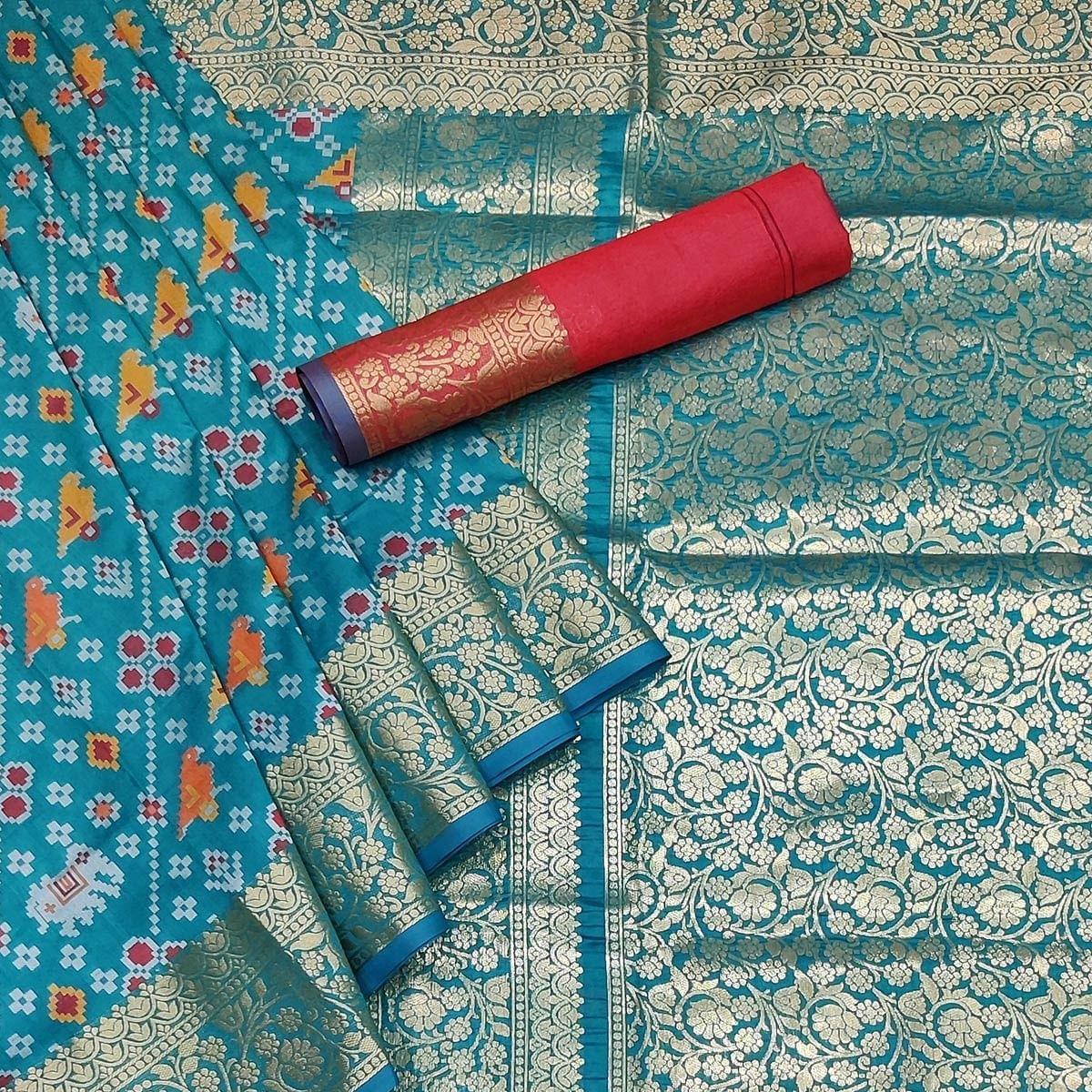 Blue Festive Wear Patola Printed Art Silk Saree - Peachmode