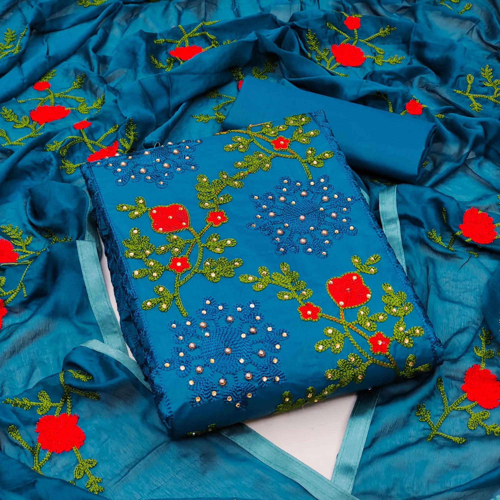 Blue Festive Wear Pearl Work Embroidered Cotton Dress Material - Peachmode