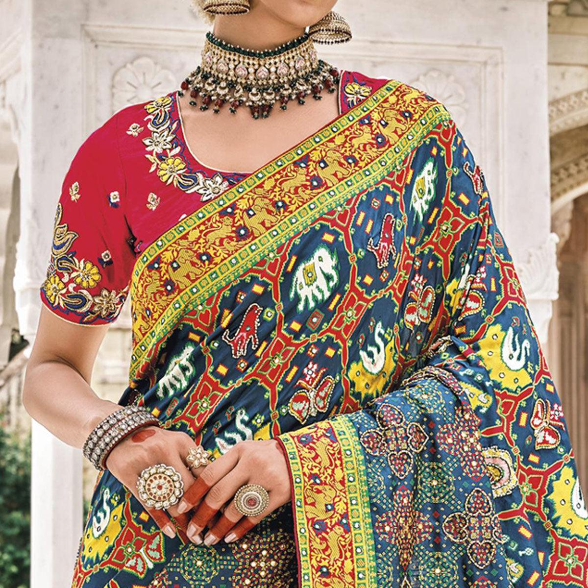 Blue Festive Wear Plain & Hand Work  Pure Silk Saree - Peachmode