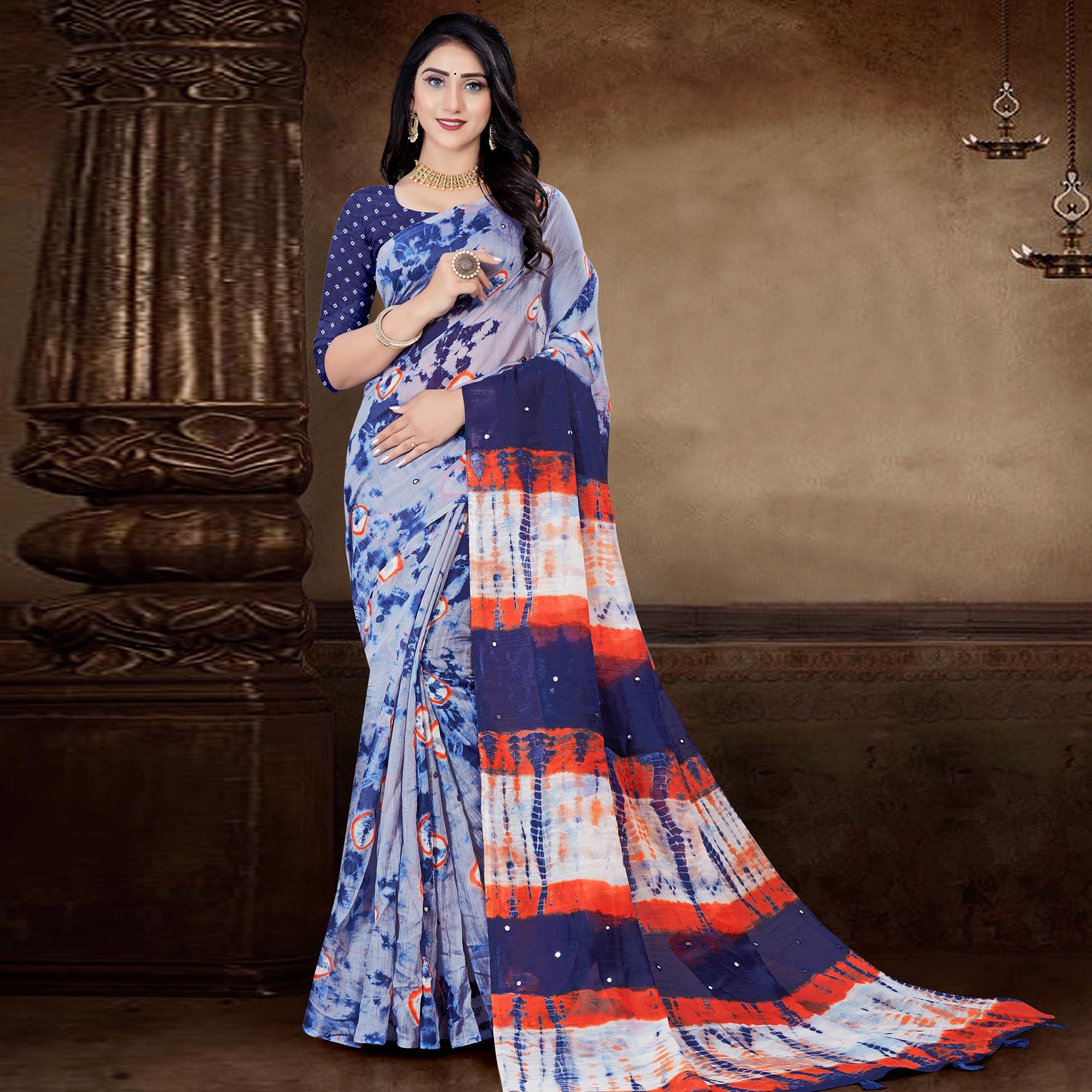 Blue Festive Wear Print With Mirror Work Cotton Silk Saree - Peachmode