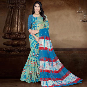 Blue Festive Wear Print With Mirror Work Cotton Silk Saree - Peachmode