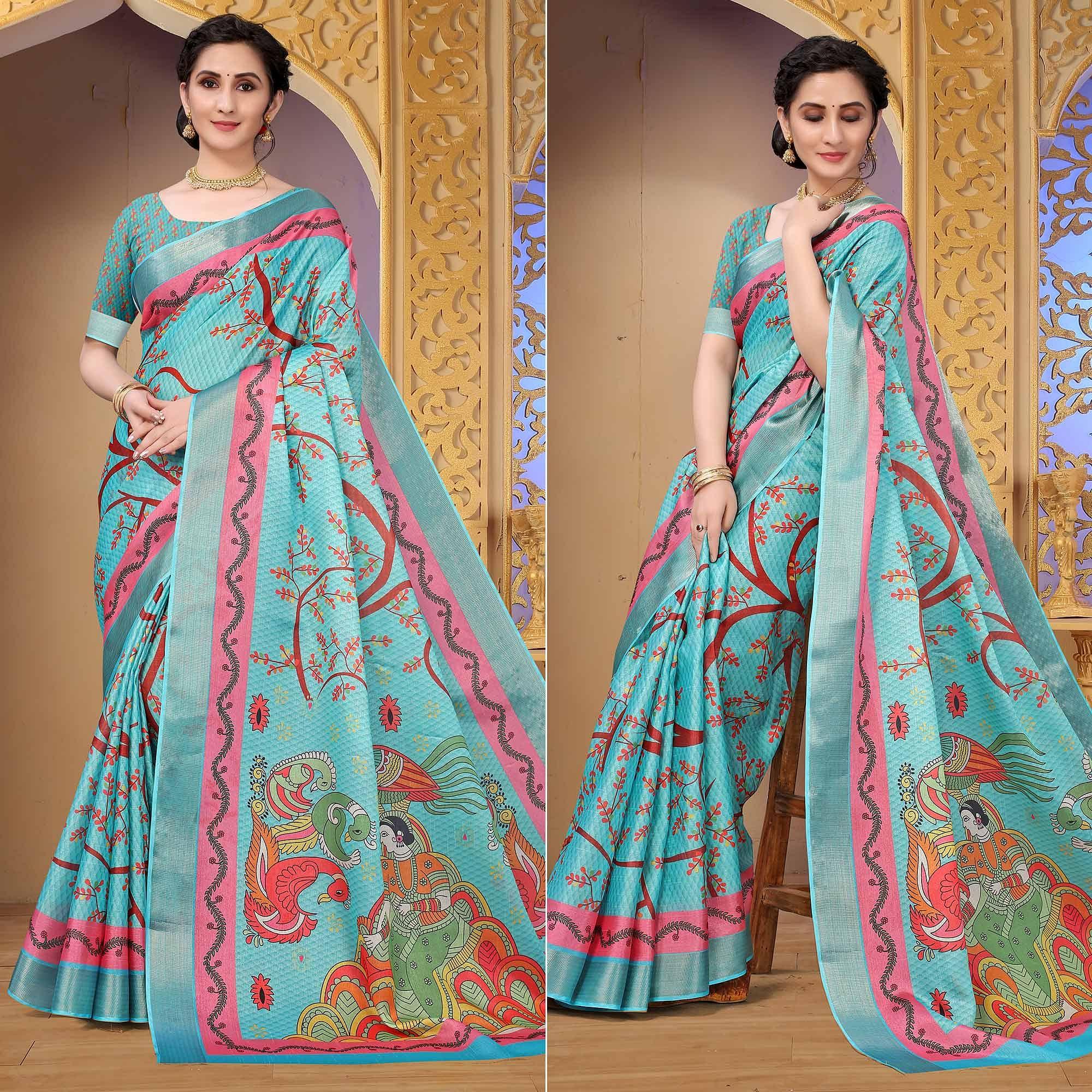 Blue Festive Wear Printed Art Silk Saree - Peachmode