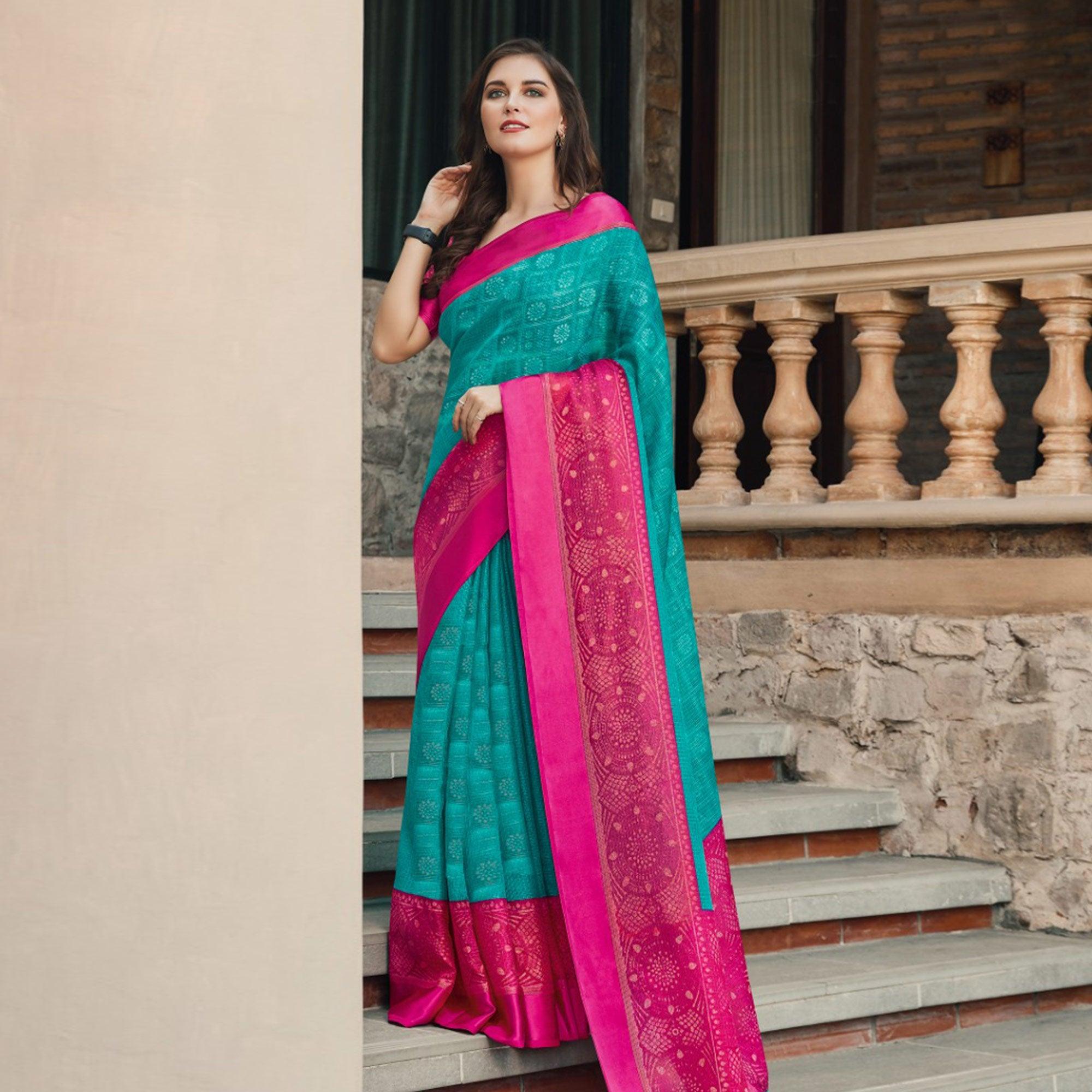 Blue Festive Wear Printed Brasso Saree - Peachmode