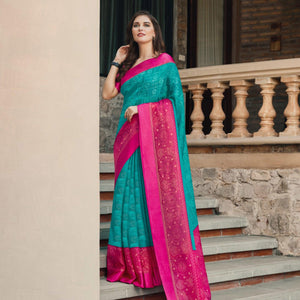 Blue Festive Wear Printed Brasso Saree - Peachmode