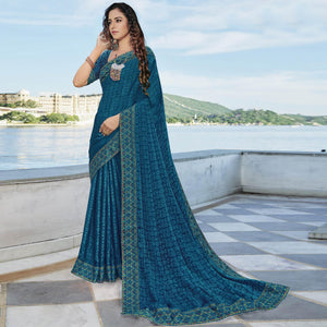 Blue Festive Wear Printed Brasso Saree - Peachmode