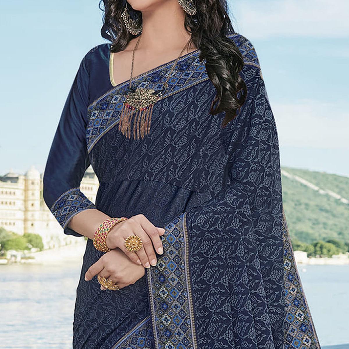 Blue Festive Wear Printed Brasso Saree - Peachmode