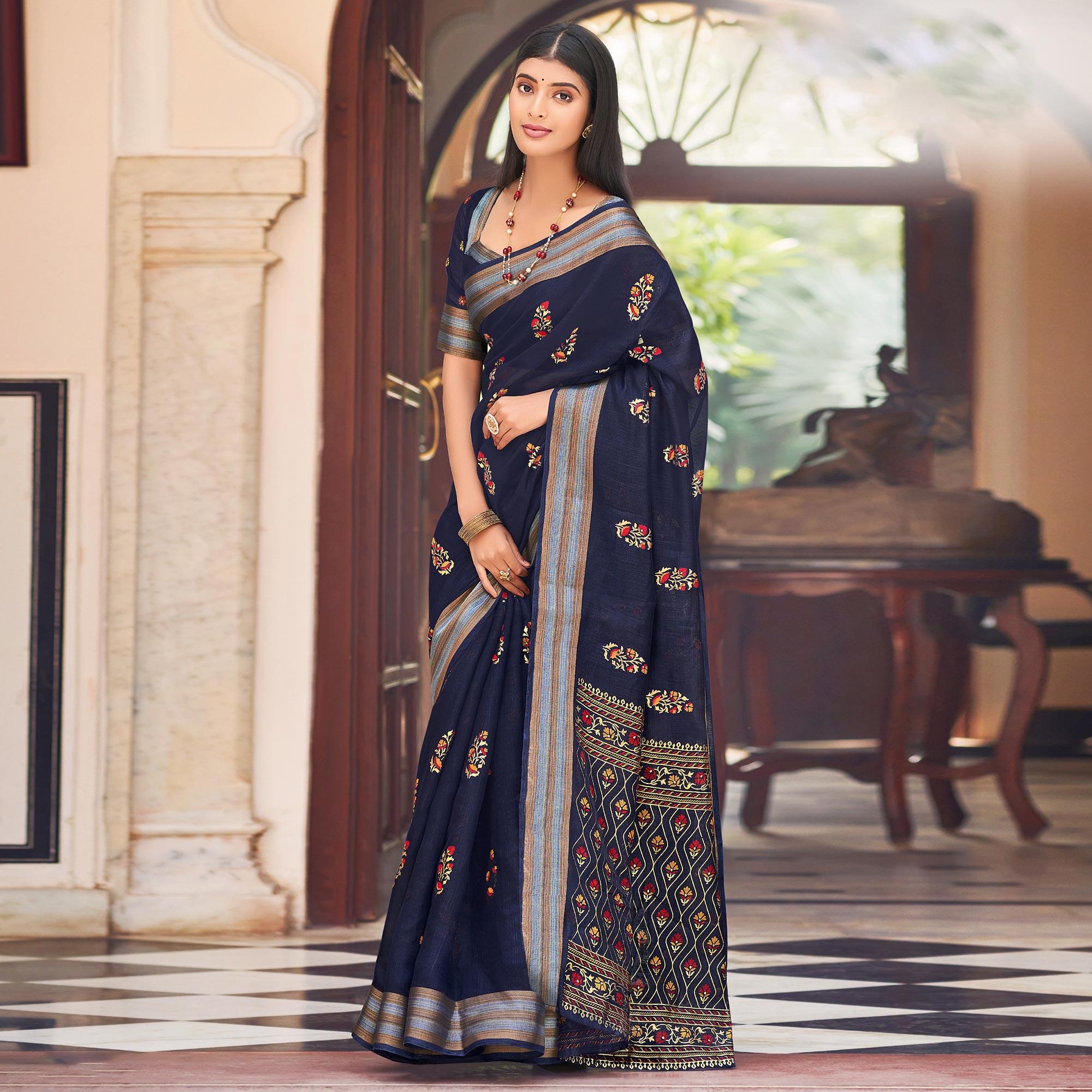 Blue Festive Wear Printed Chanderi Silk Saree - Peachmode