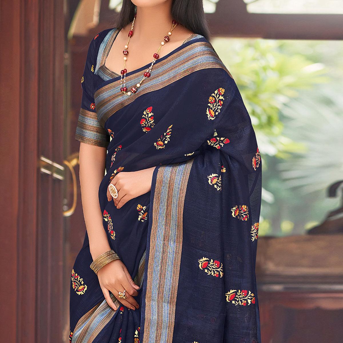 Blue Festive Wear Printed Chanderi Silk Saree - Peachmode