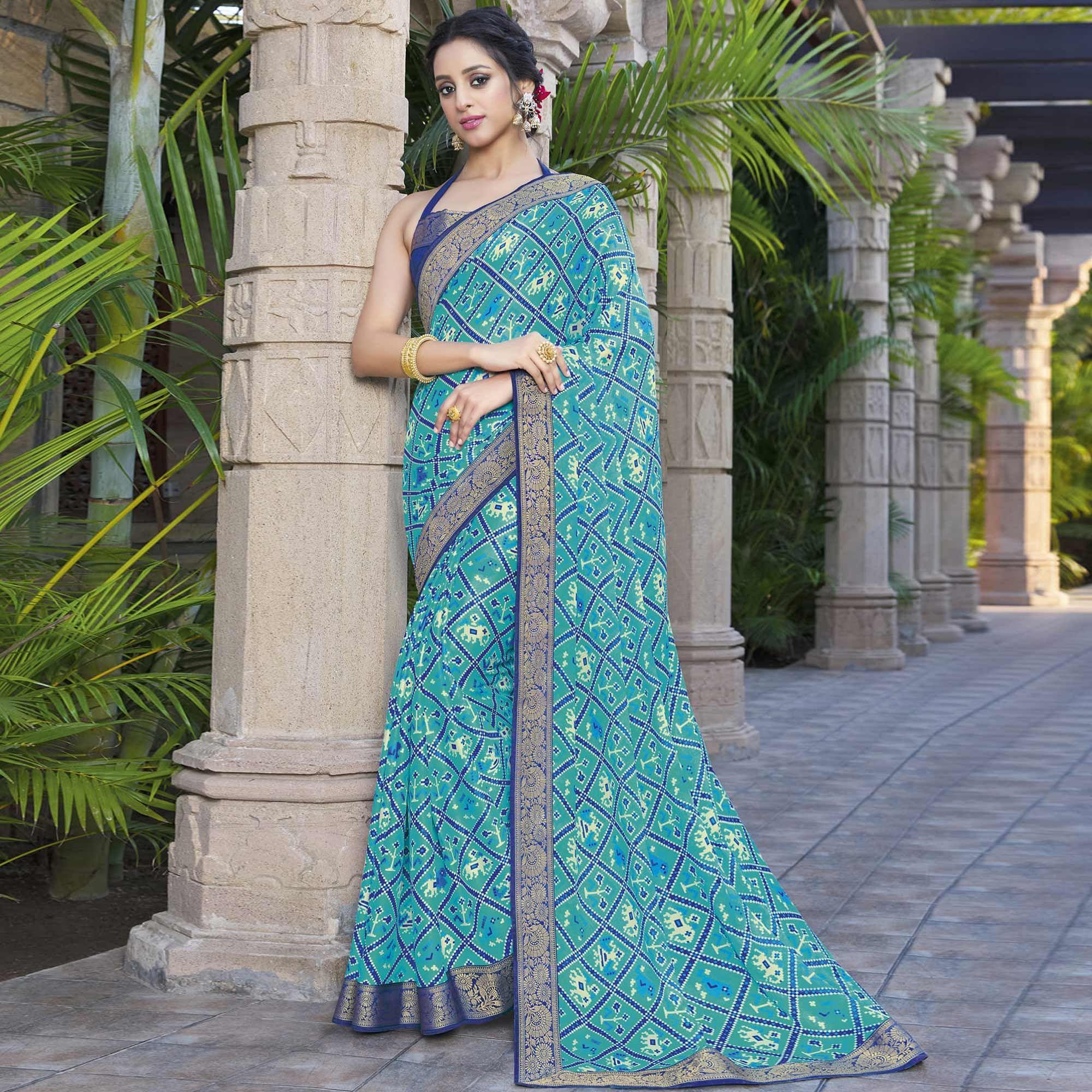 Blue Festive Wear Printed Chiffon Saree - Peachmode